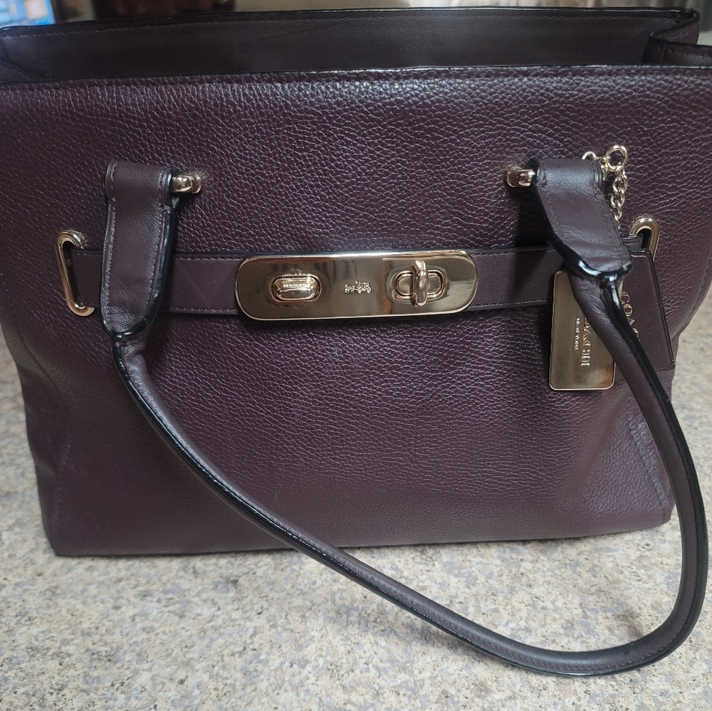 Coach Swagger Purple Pebbled Leather Double Turnlock Satchel Bag
